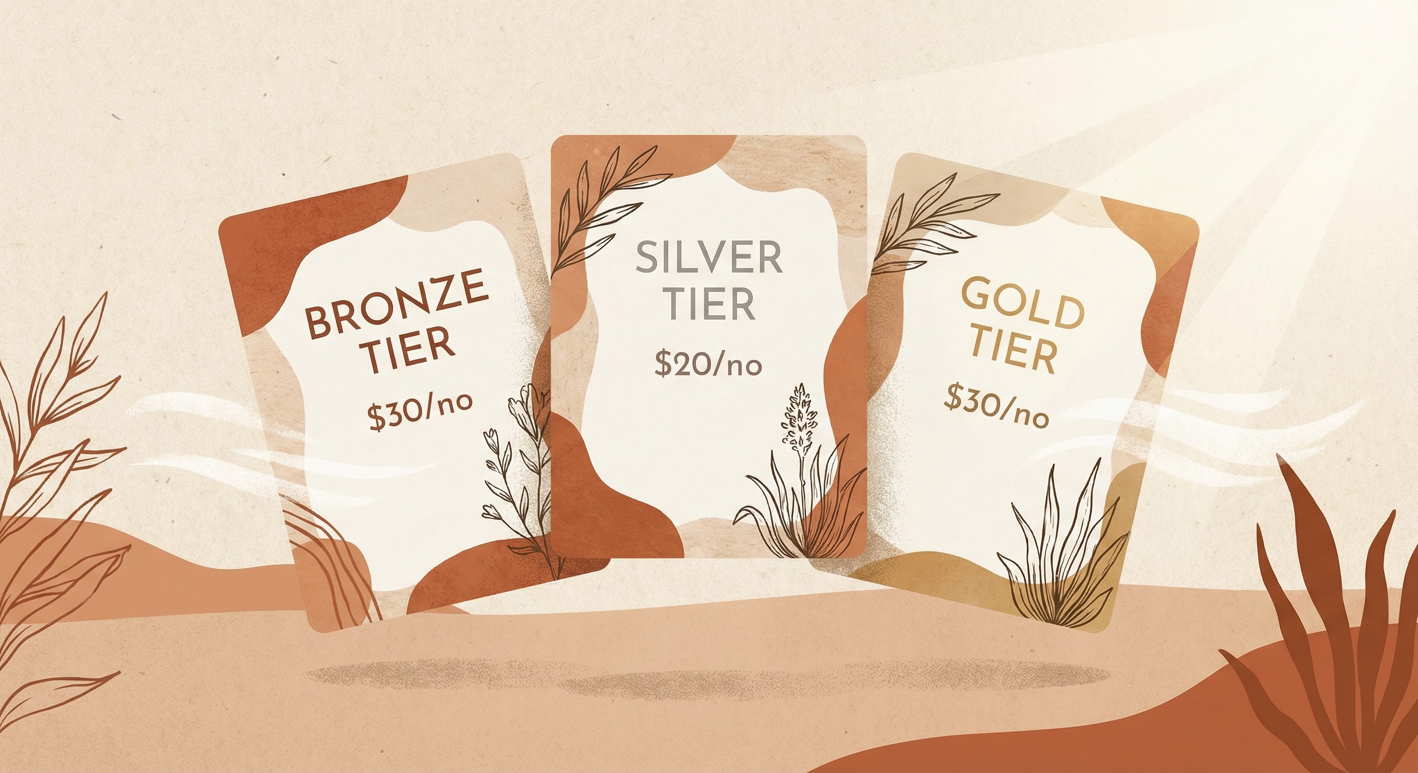 Illustrazione dei tre livelli di pacchetti SEO con stile editoriale